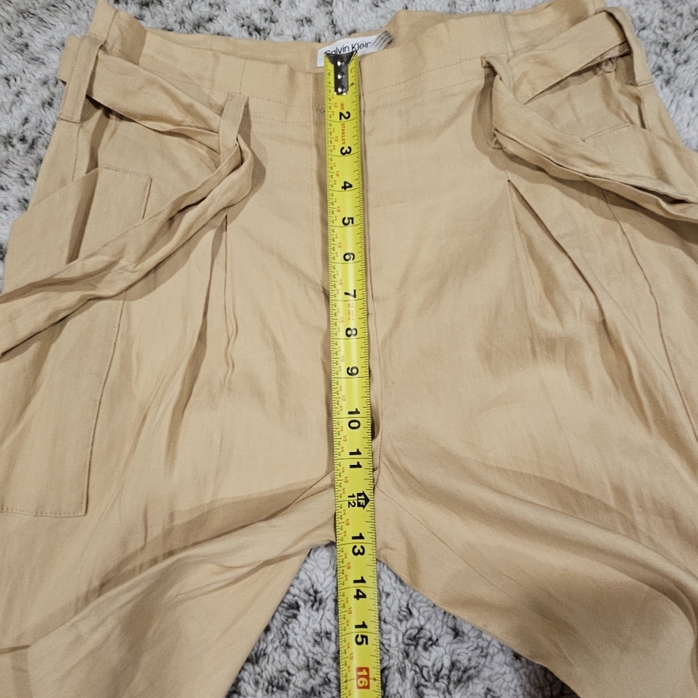 Calvin Klein SZ 4 Tan Belted Paperbag Pleated Linen Blend Pant Utility Pockets - Picture 10 of 12